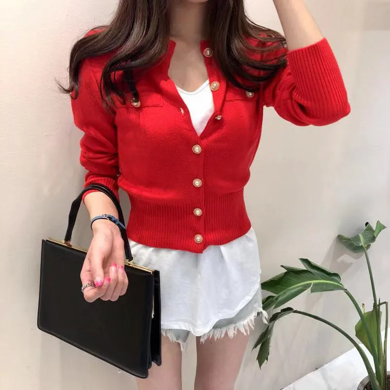 Estorenew Fashion Women Cardigan Sweater Spring Knitted Long Sleeve Short Coat Casual Single Breasted Korean Slim Chic Ladies Top