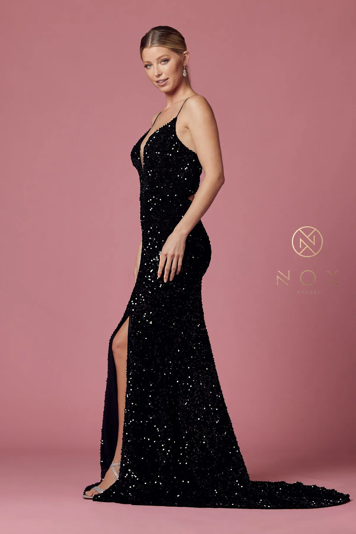 Fitted Sequin Velvet Gown by Nox Anabel R433