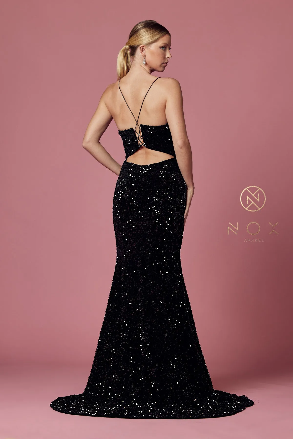 Fitted Sequin Velvet Gown by Nox Anabel R433