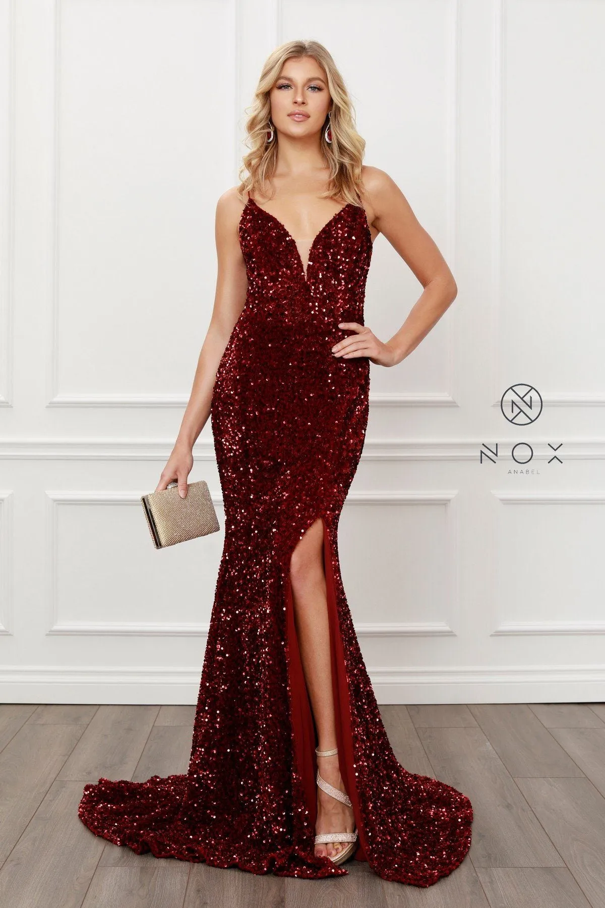 Fitted Sequin Velvet Gown by Nox Anabel R433