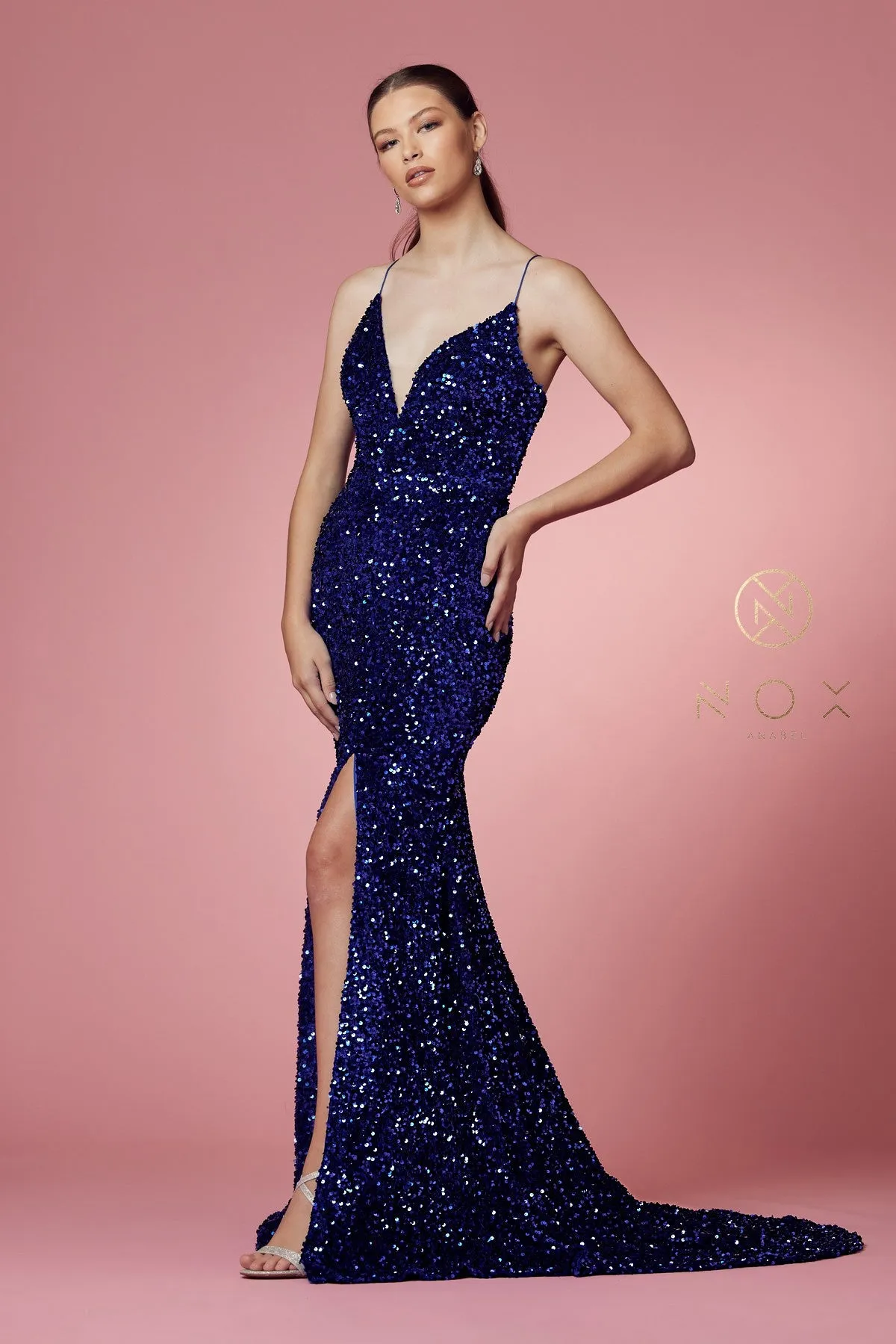 Fitted Sequin Velvet Gown by Nox Anabel R433