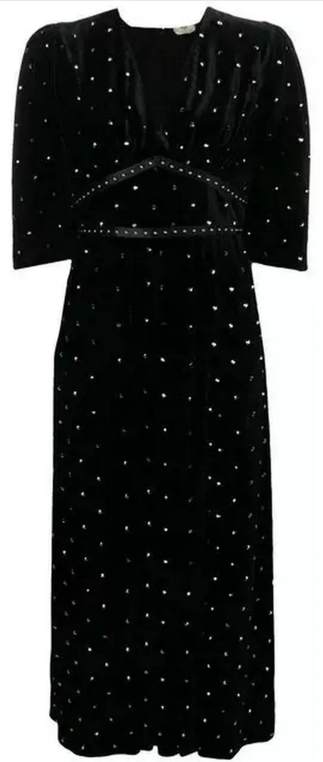 Flutter-Sleeve Studded Velvet V-Neck Dress