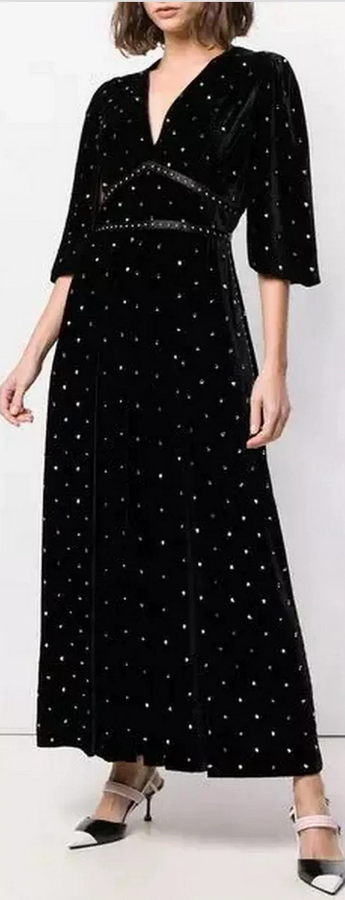 Flutter-Sleeve Studded Velvet V-Neck Dress