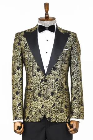 Golden Paisley Black Prom Blazer with Peak Lapel