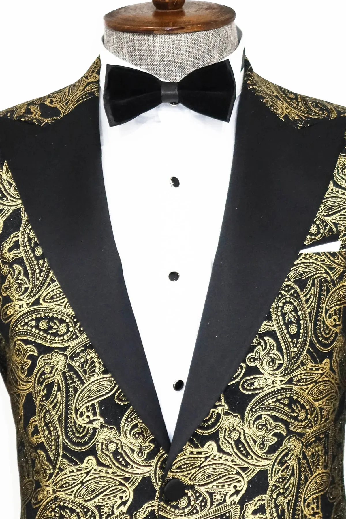 Golden Paisley Black Prom Blazer with Peak Lapel