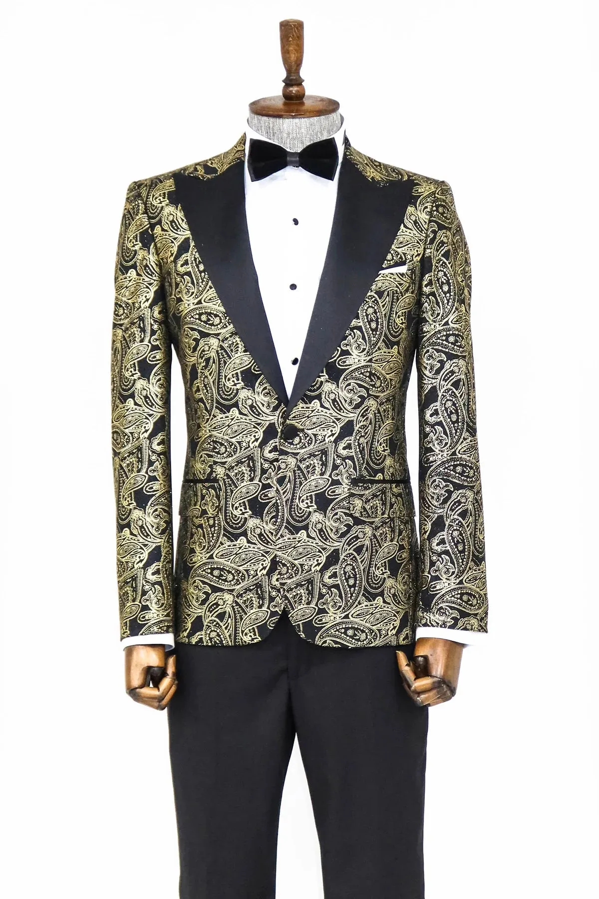 Golden Paisley Black Prom Blazer with Peak Lapel