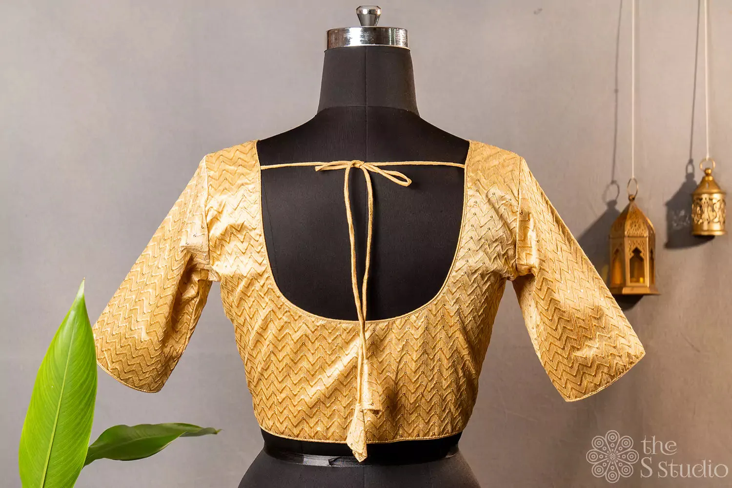 Golden semi silk readymade blouse with zig zag lines