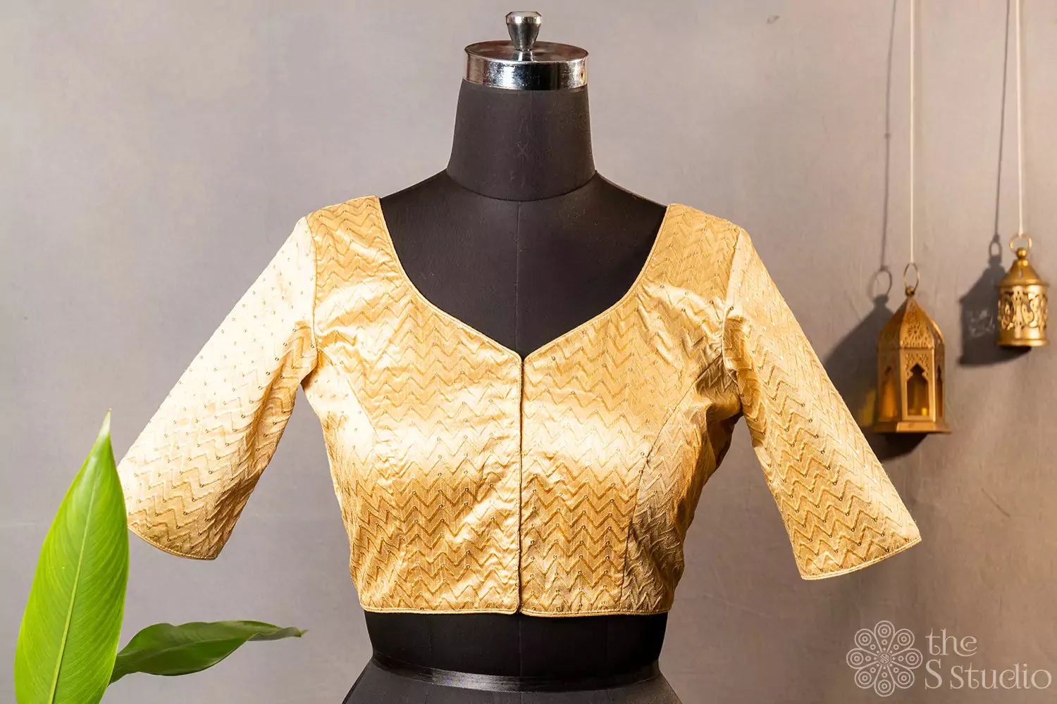 Golden semi silk readymade blouse with zig zag lines