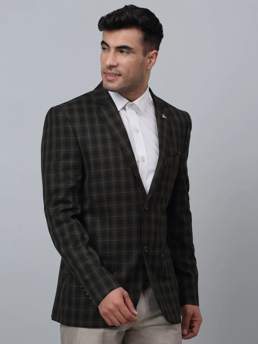 Green Checkered Full Sleeves Formal Blazer For Men