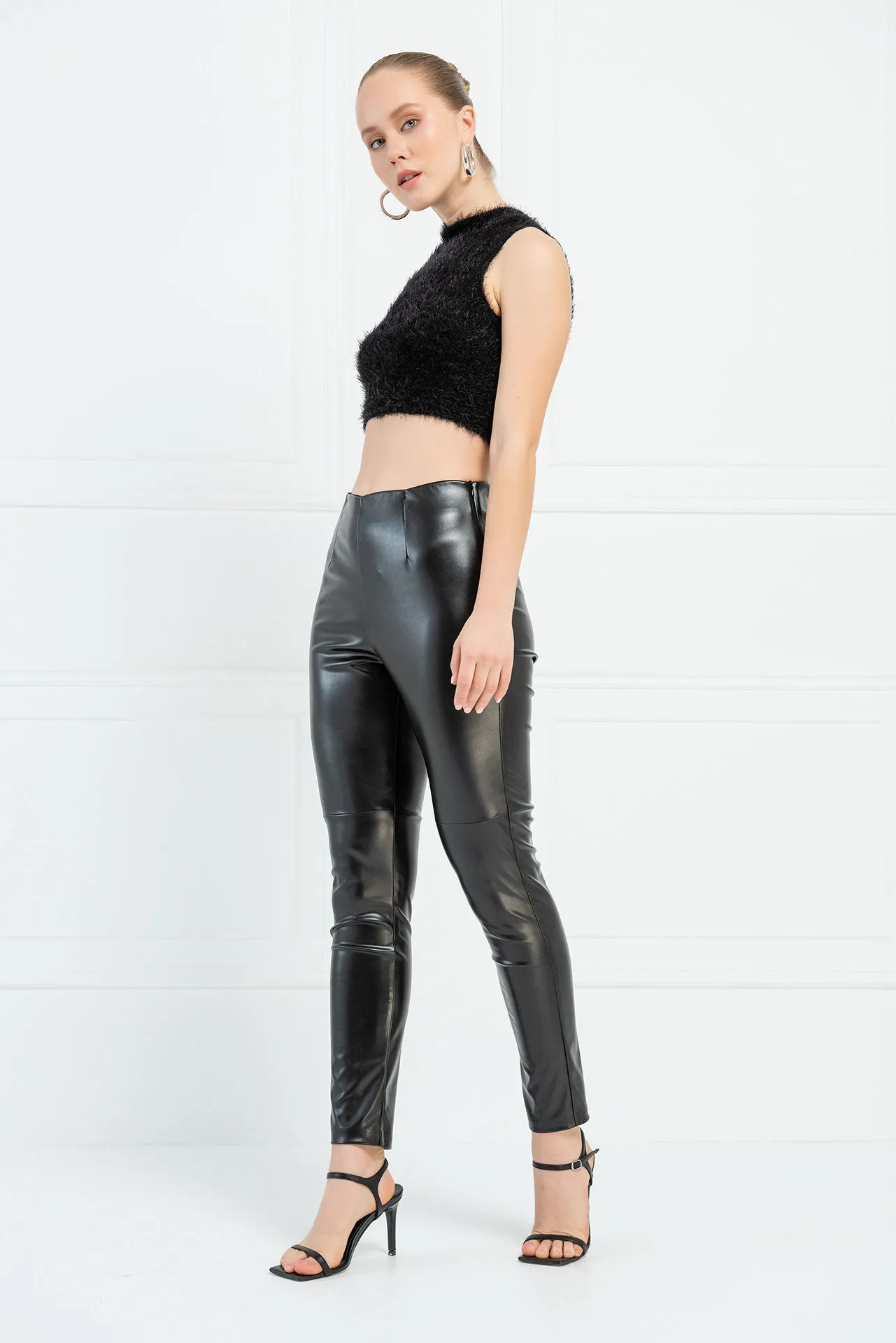 Hailee Hi Waist Vegan Leather Stretch Pants - Liquid Black