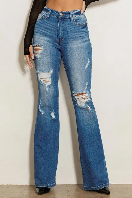 HIGH RISE DISTRESSED FLARE JEANS