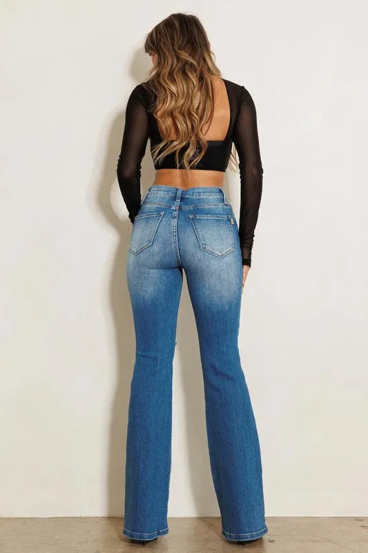 HIGH RISE DISTRESSED FLARE JEANS