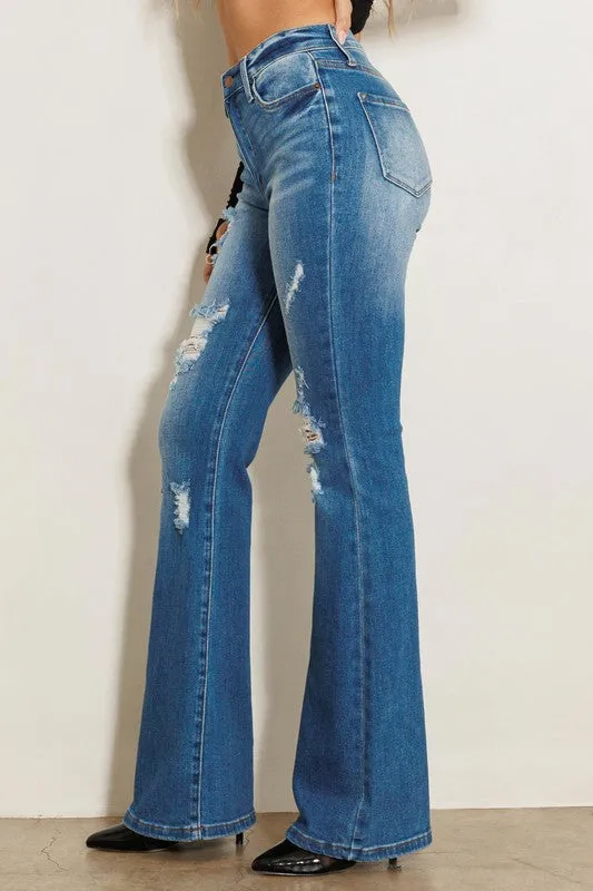 HIGH RISE DISTRESSED FLARE JEANS