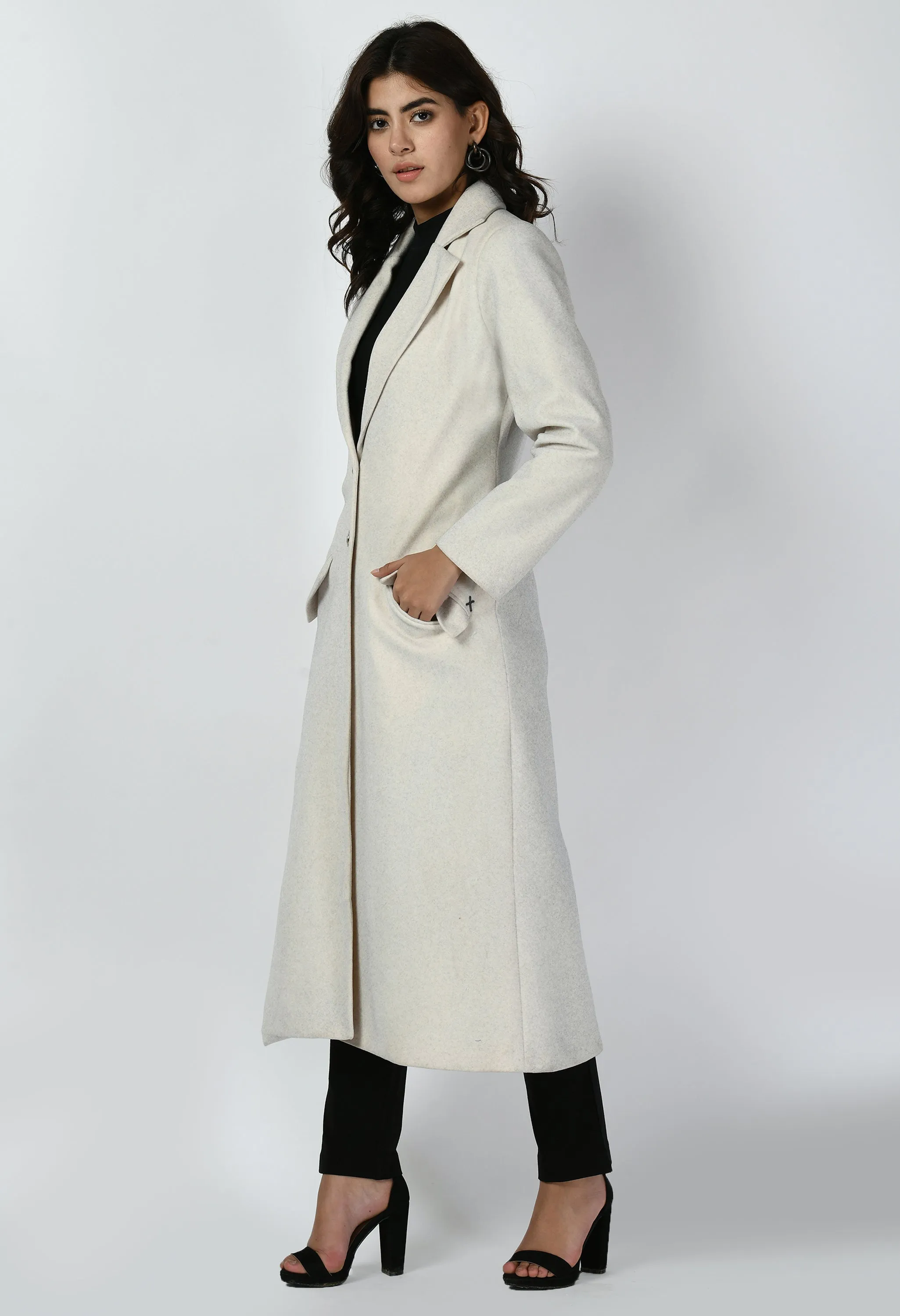 Ivory Cotton Blend Determination Wool-Blend Long Coat