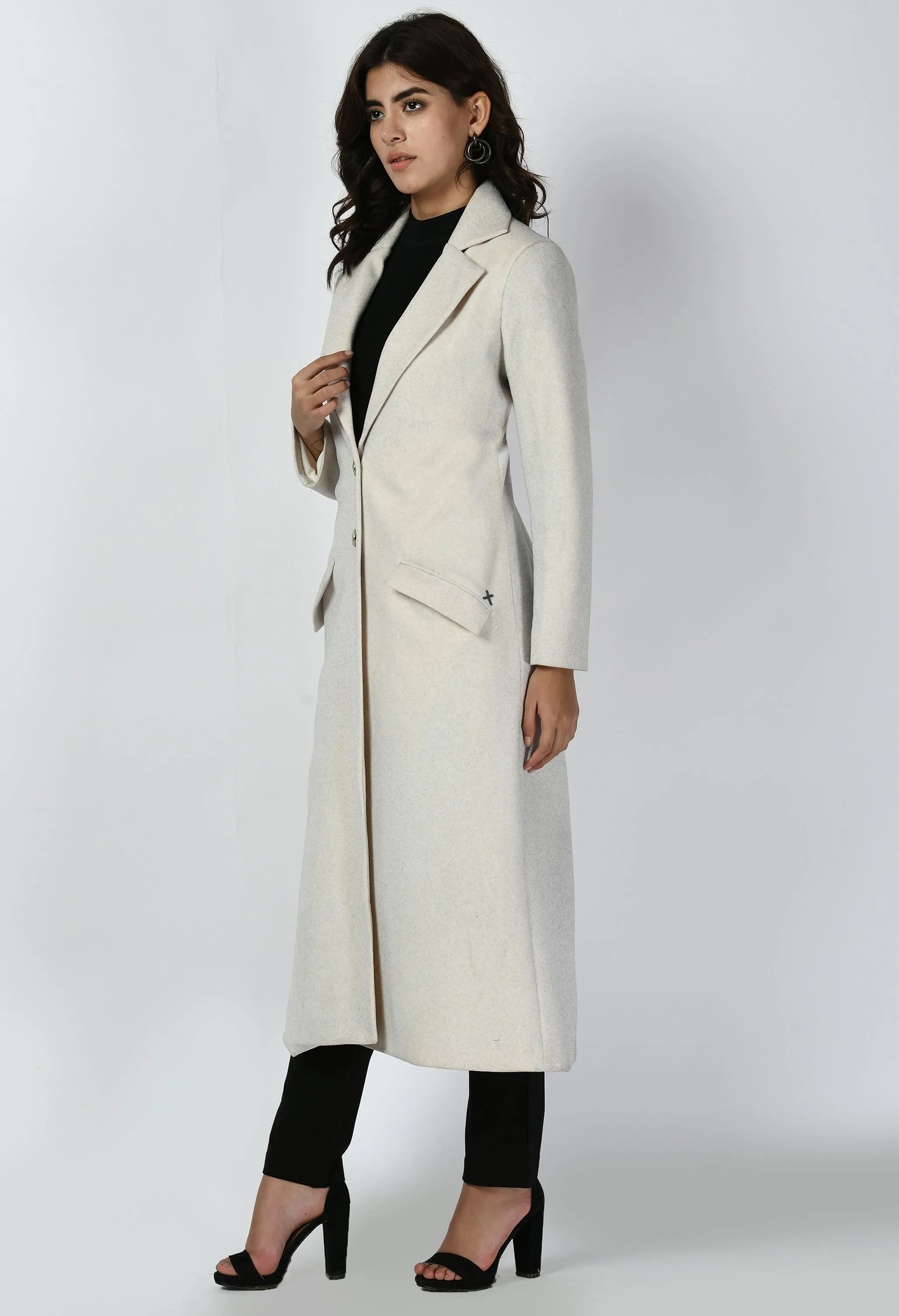 Ivory Cotton Blend Determination Wool-Blend Long Coat