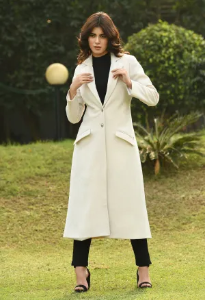 Ivory Cotton Blend Determination Wool-Blend Long Coat