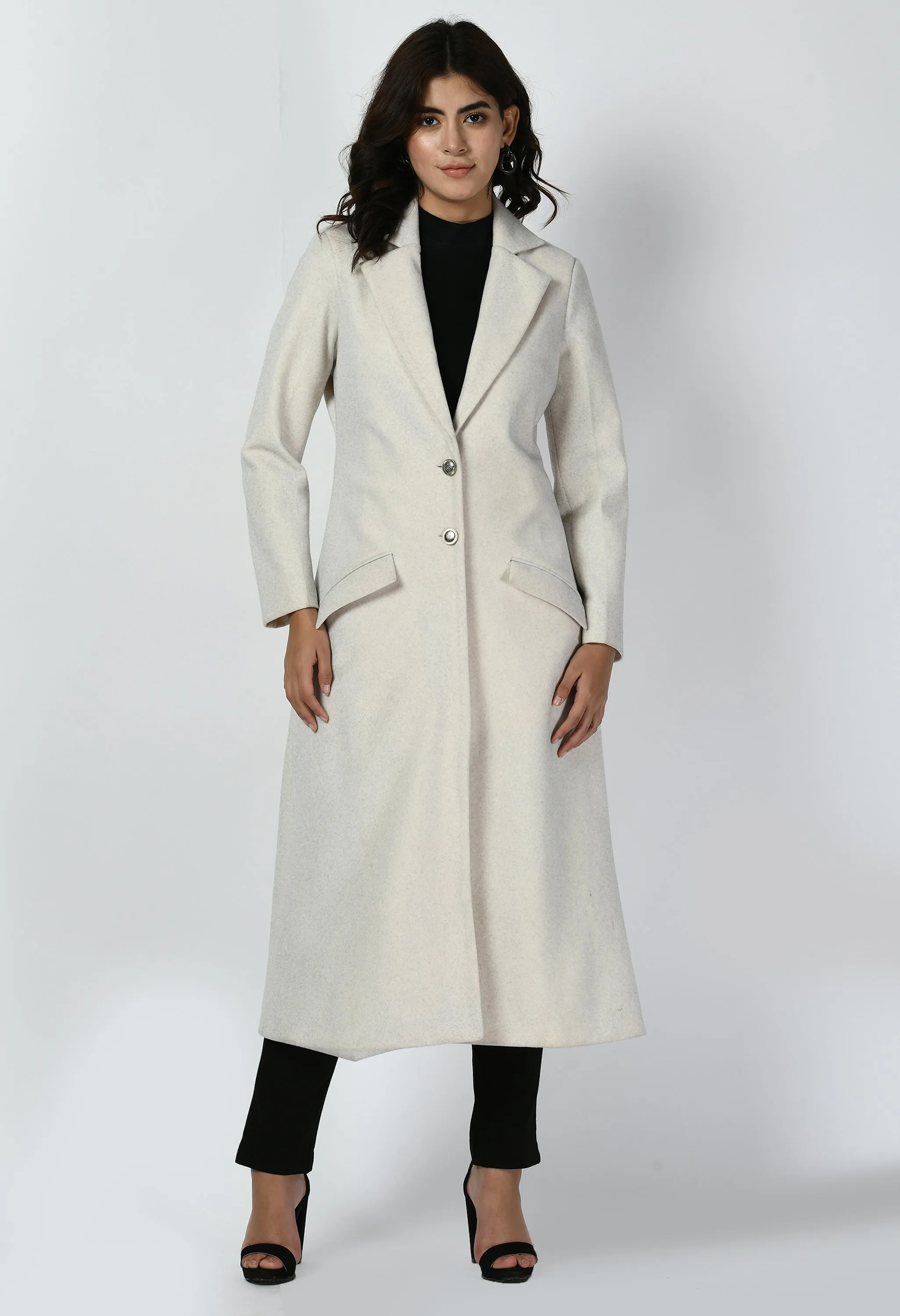 Ivory Cotton Blend Determination Wool-Blend Long Coat