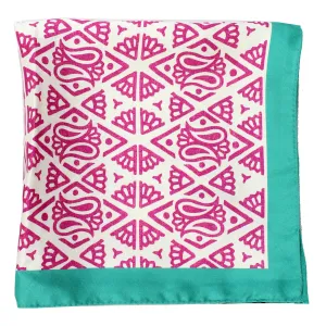 Kiton Scarf White Aqua Pink Paisley Design - Twill Silk Square Women Foulard