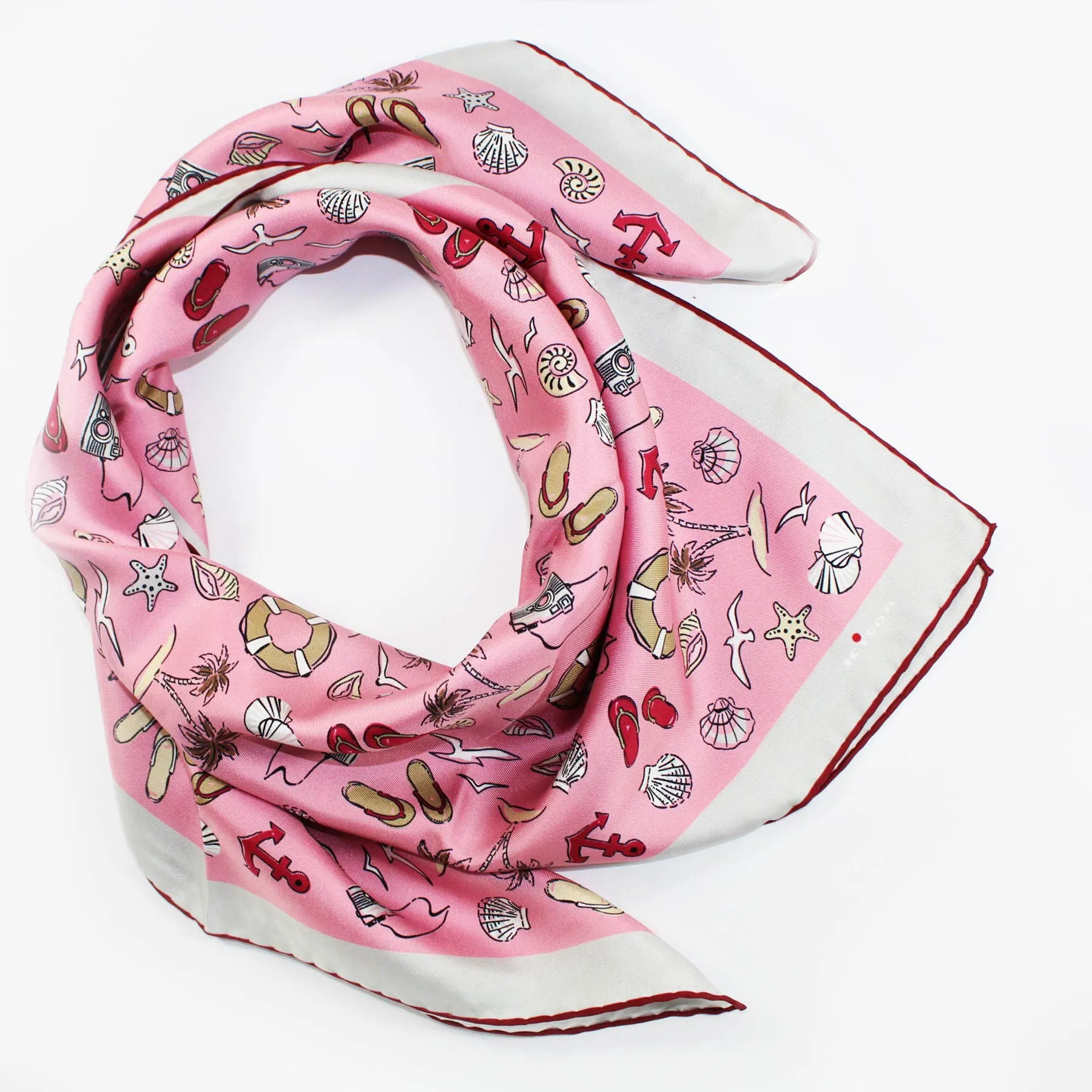 Kiton Silk Scarf Pink Beach Print - 36 Inch Square Foulard FINAL SALE