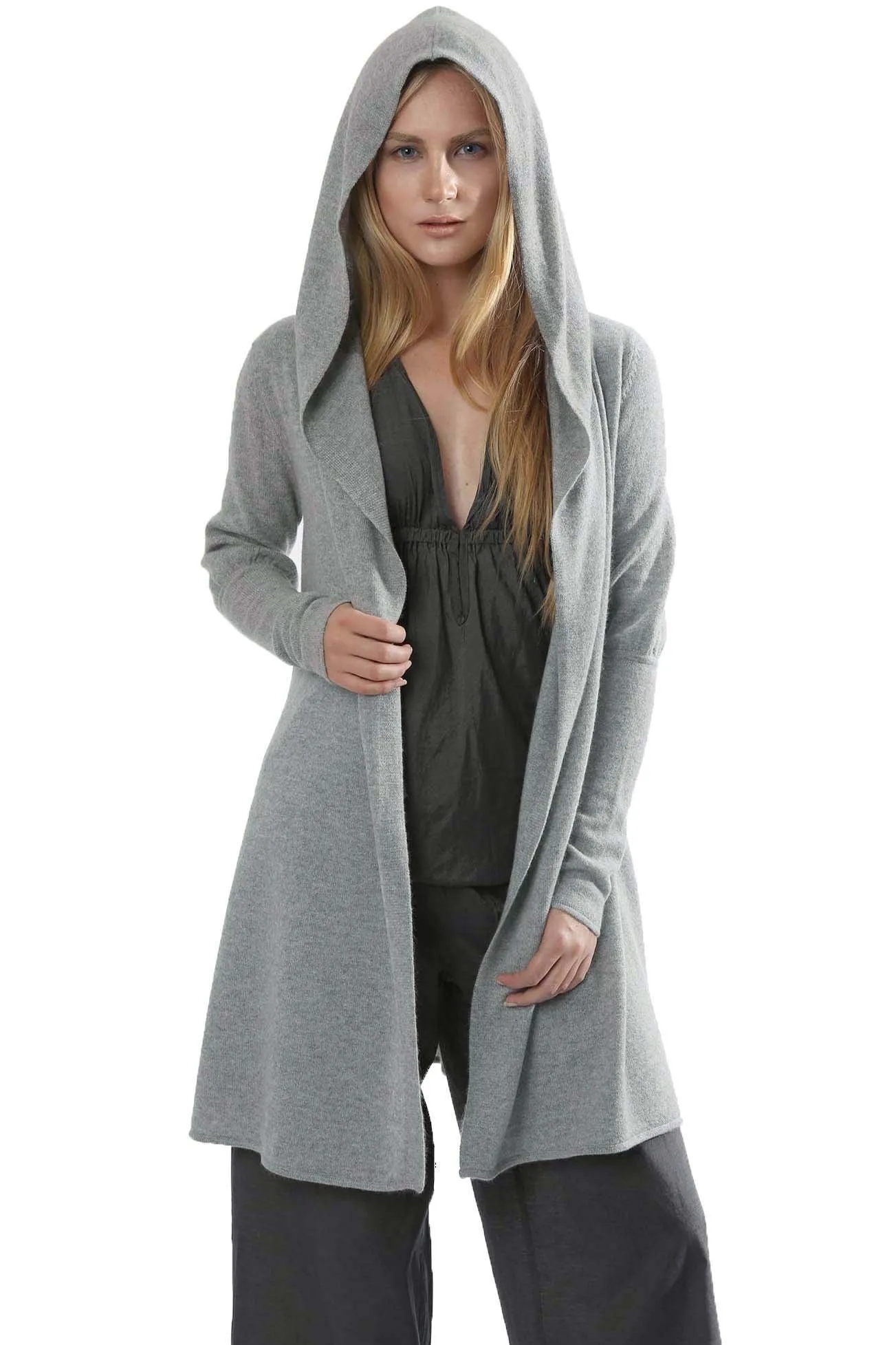 Long hooded cardigan, cashmere hoodie in silver grey