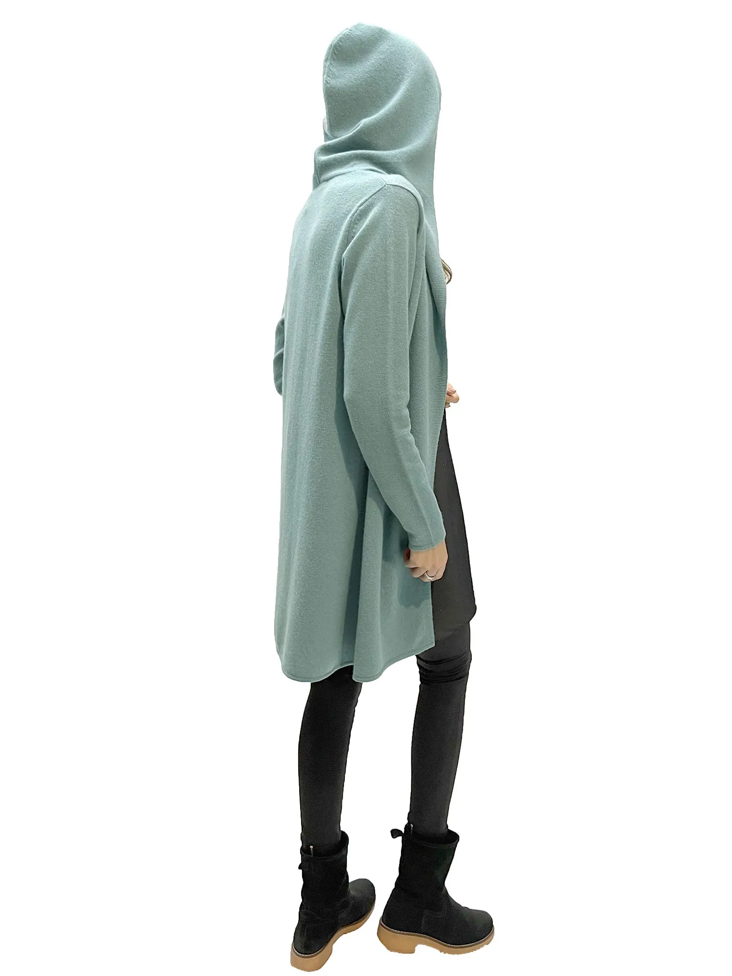 Long hooded cardigan, cashmere hoodie in silver grey