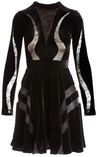 Long-Sleeve Lace-Inset Velvet Cocktail Dress, Black