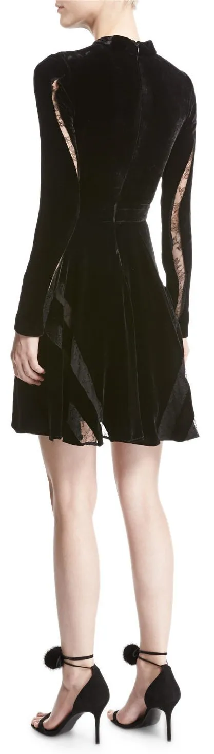 Long-Sleeve Lace-Inset Velvet Cocktail Dress, Black