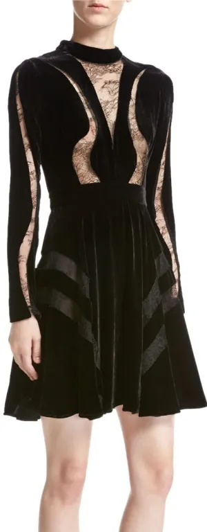 Long-Sleeve Lace-Inset Velvet Cocktail Dress, Black