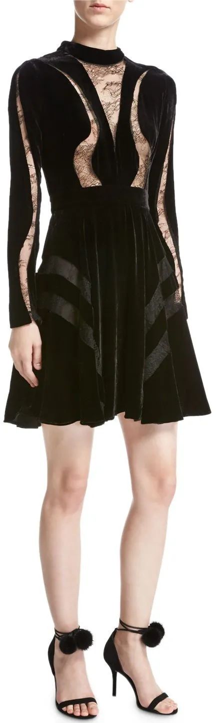 Long-Sleeve Lace-Inset Velvet Cocktail Dress, Black