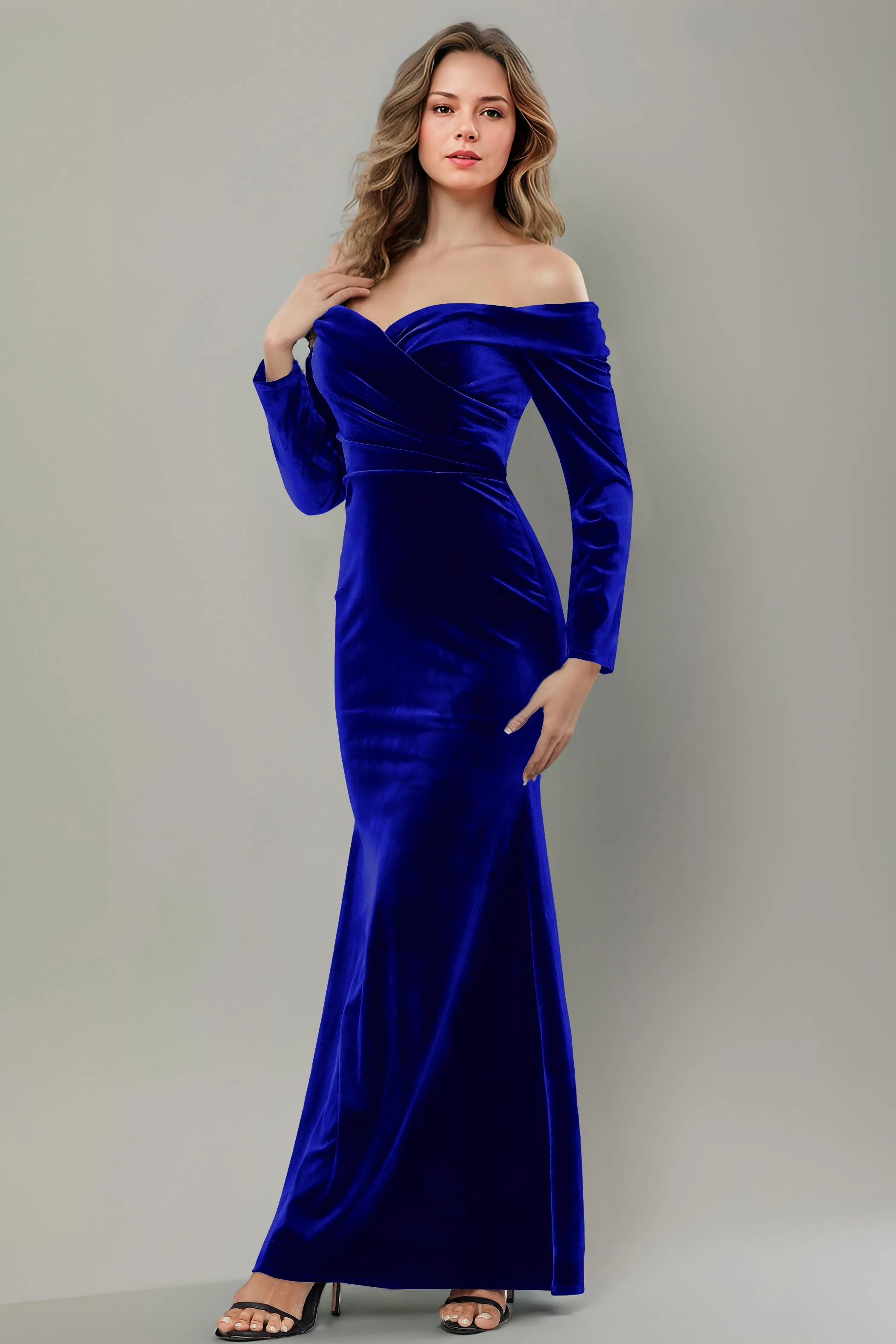 Long Sleeves Off The Shoulder Velvet Long Bridesmaid Dresses