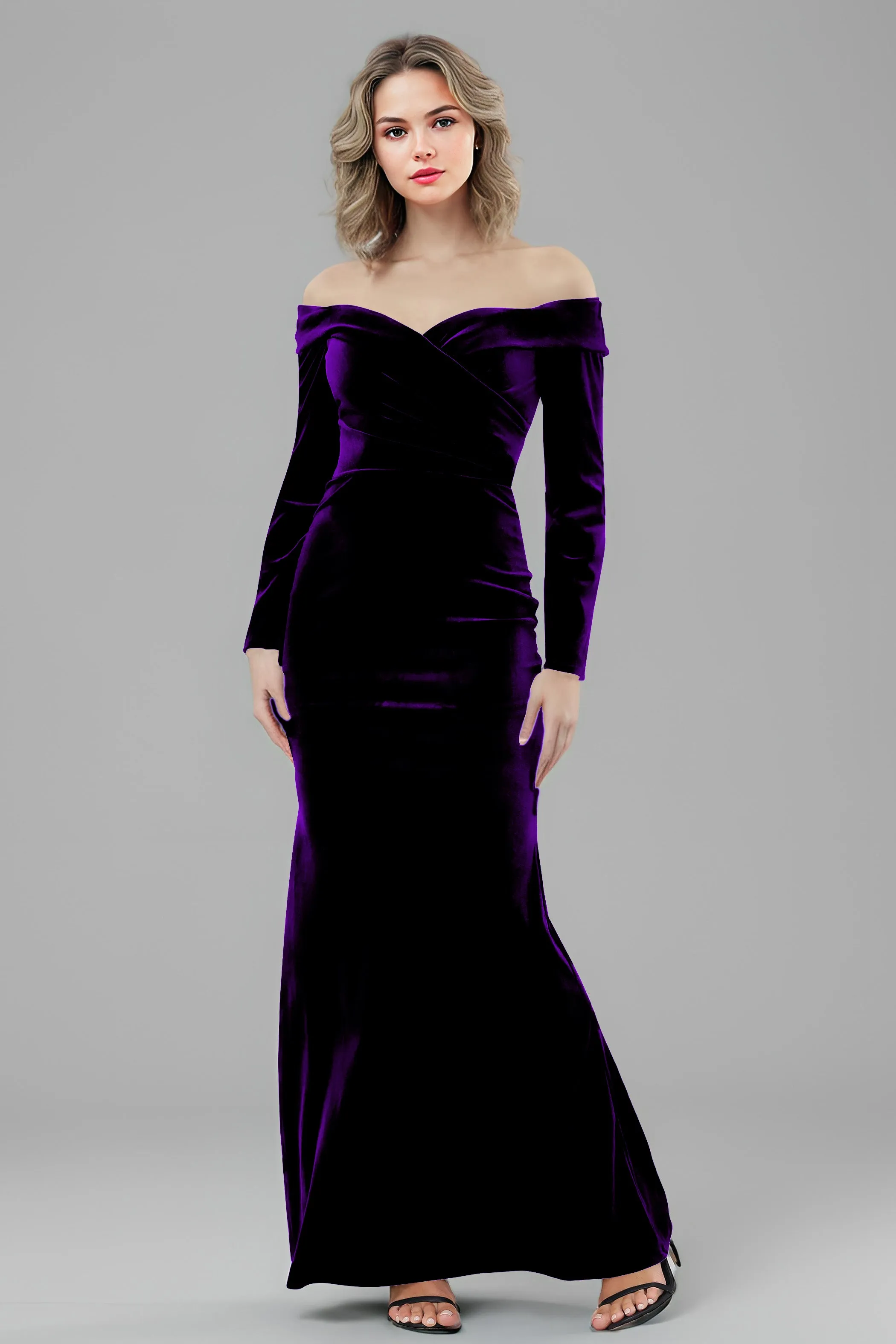 Long Sleeves Off The Shoulder Velvet Long Bridesmaid Dresses