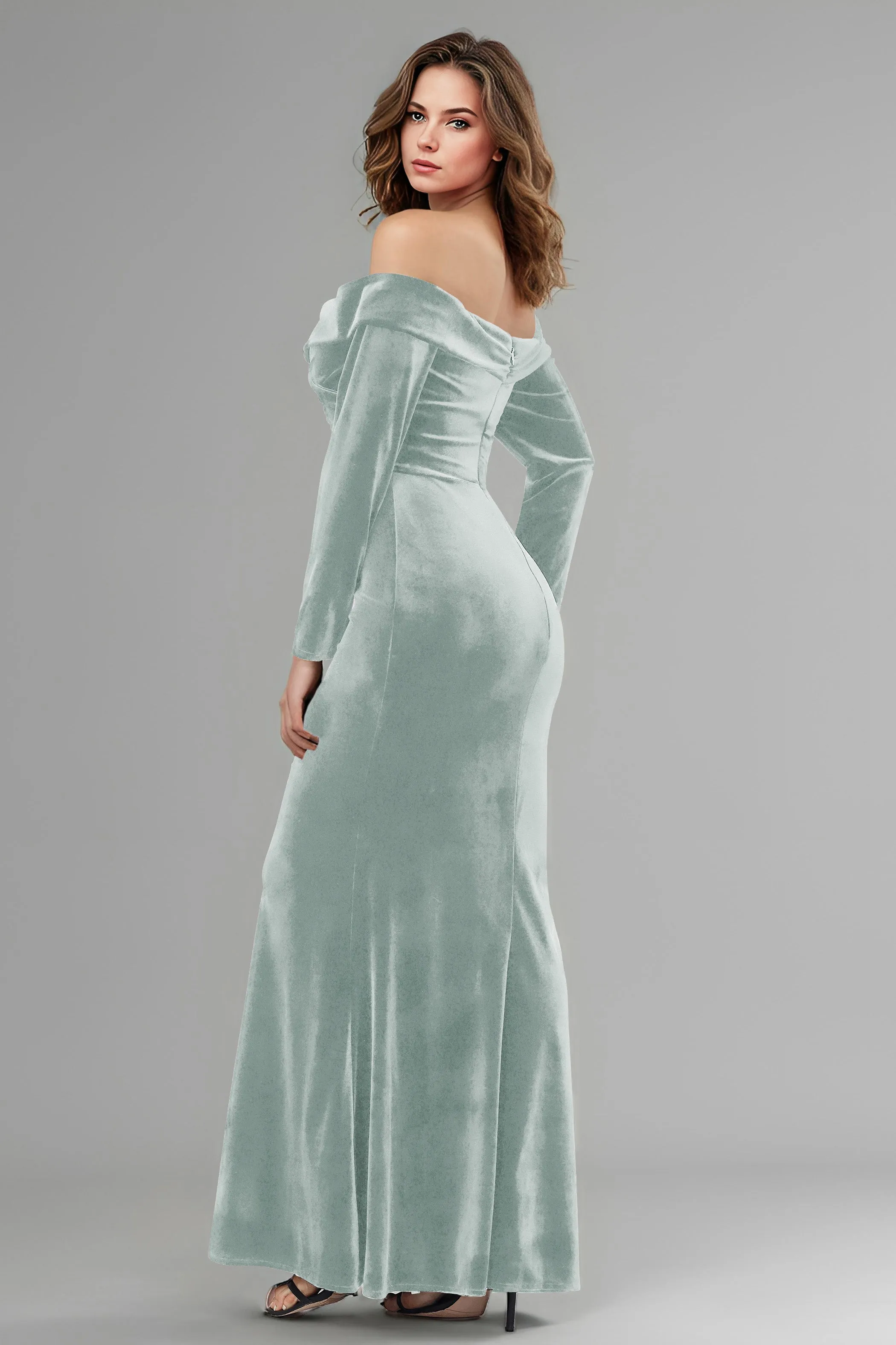 Long Sleeves Off The Shoulder Velvet Long Bridesmaid Dresses