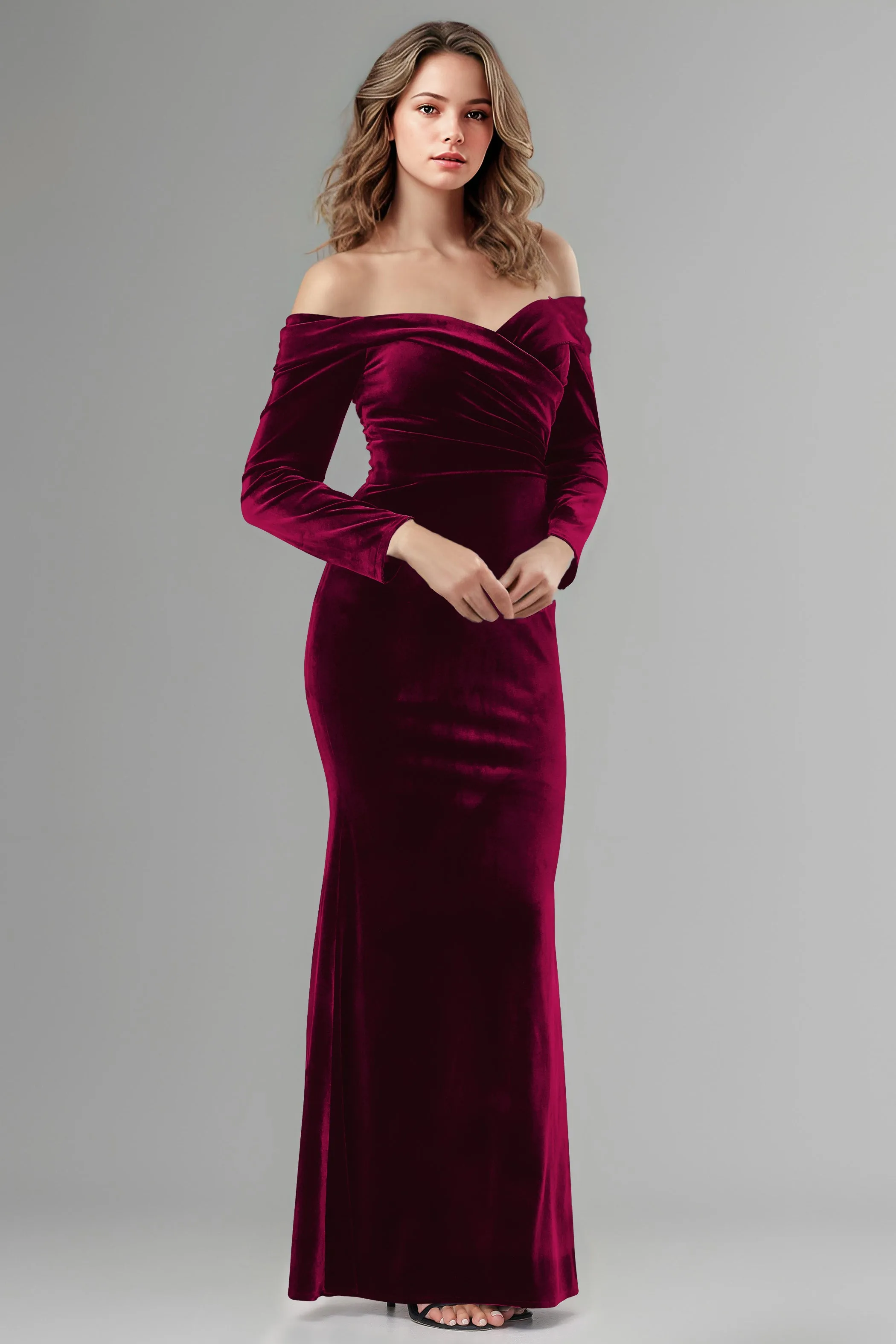 Long Sleeves Off The Shoulder Velvet Long Bridesmaid Dresses