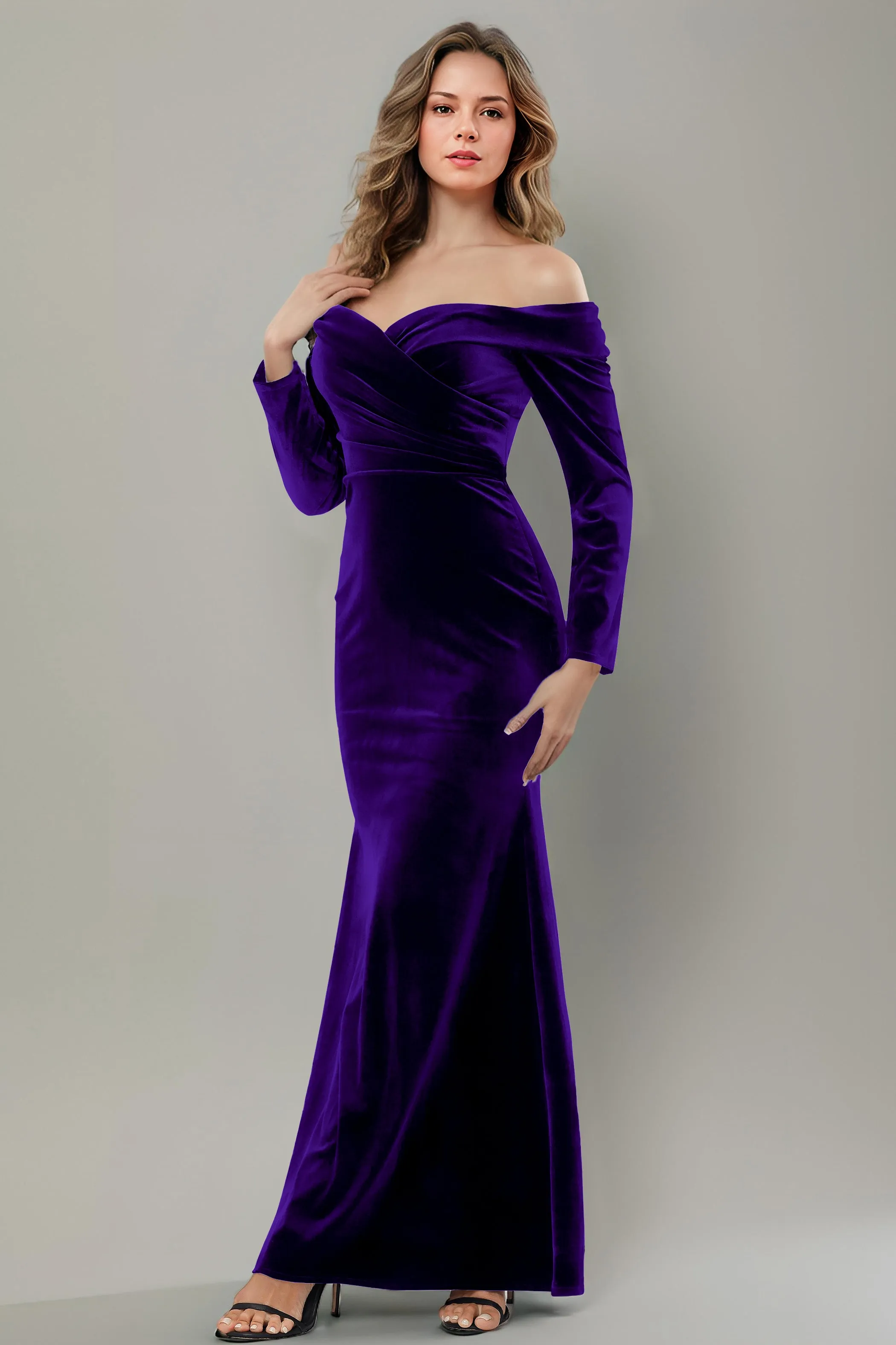 Long Sleeves Off The Shoulder Velvet Long Bridesmaid Dresses