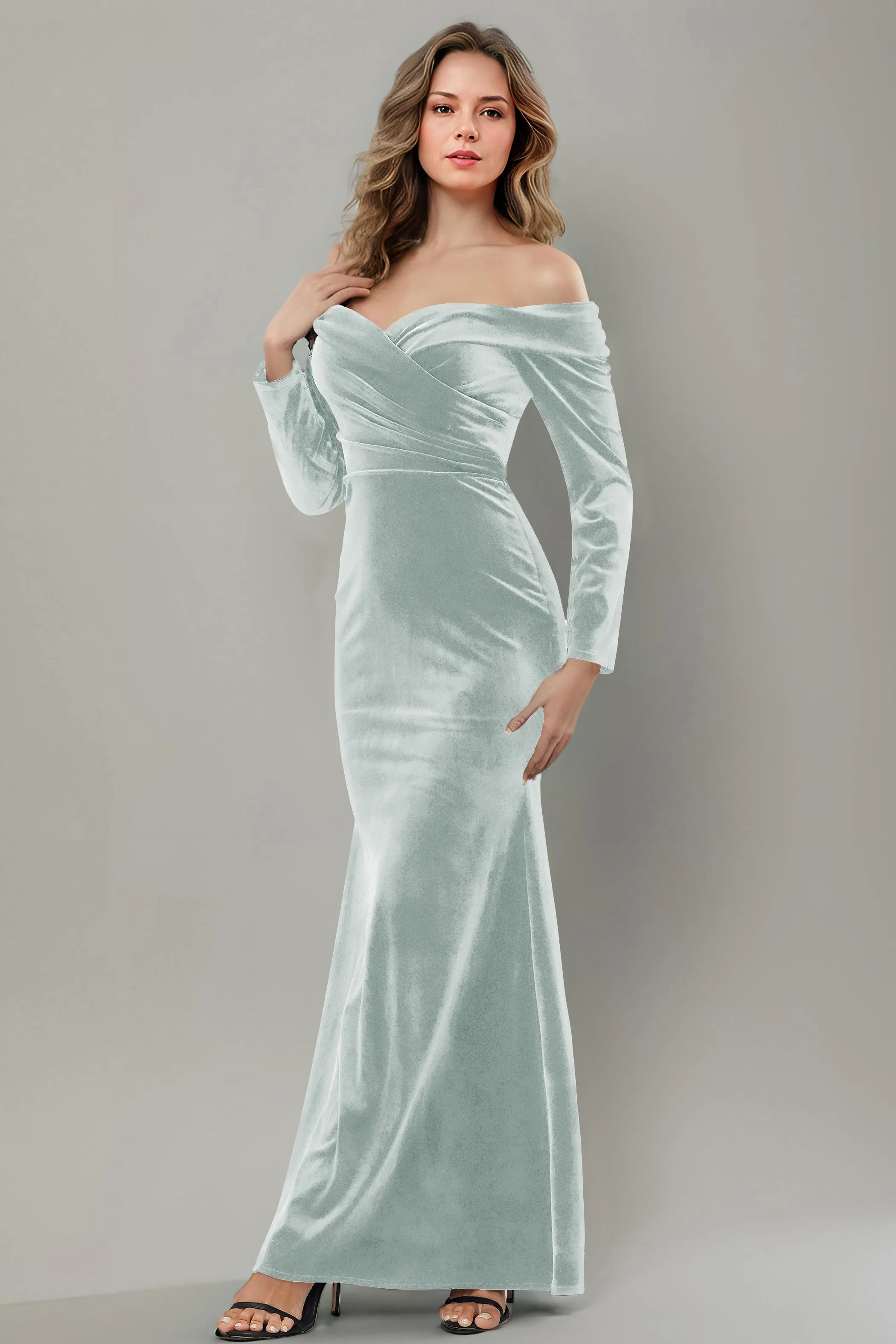 Long Sleeves Off The Shoulder Velvet Long Bridesmaid Dresses