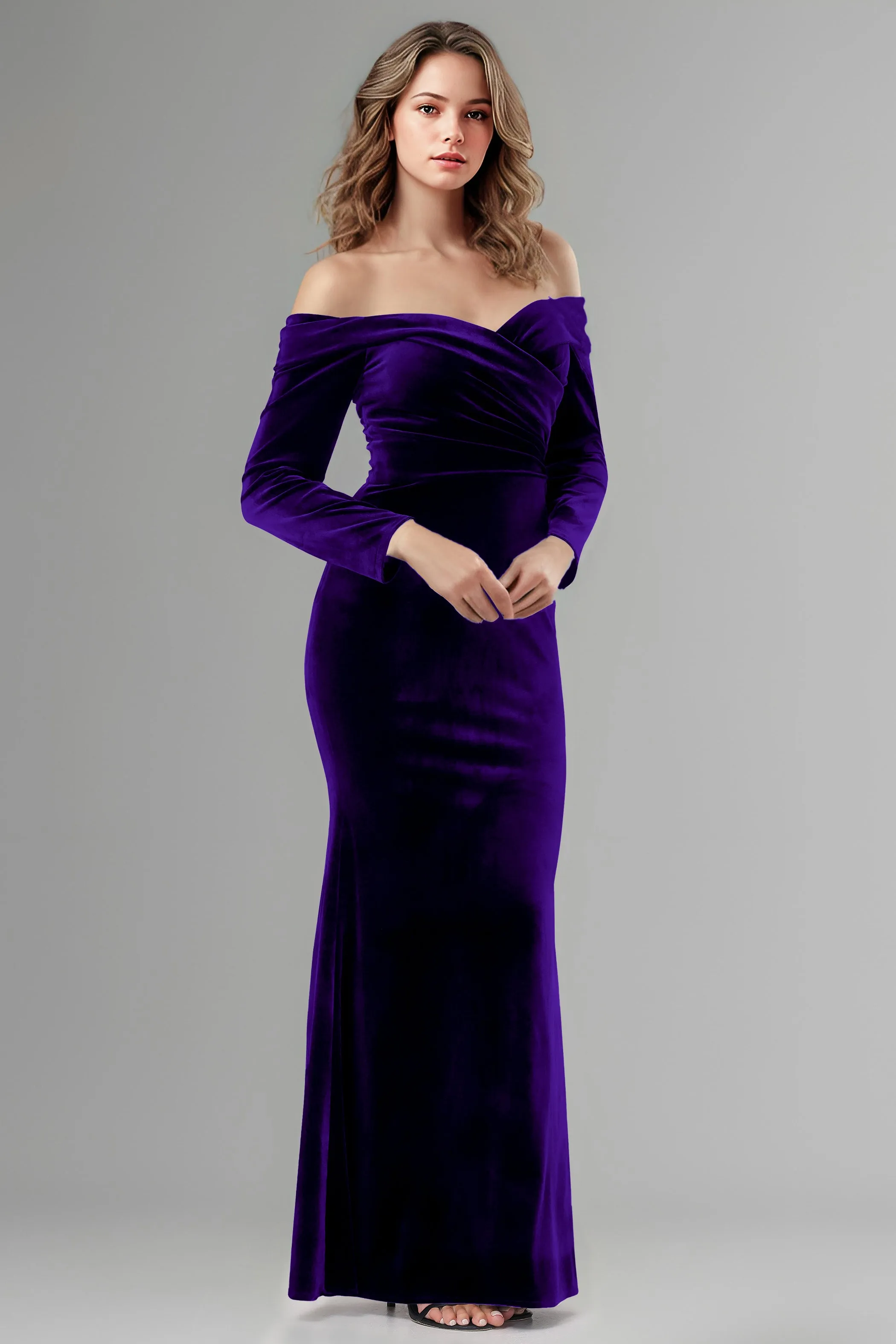 Long Sleeves Off The Shoulder Velvet Long Bridesmaid Dresses