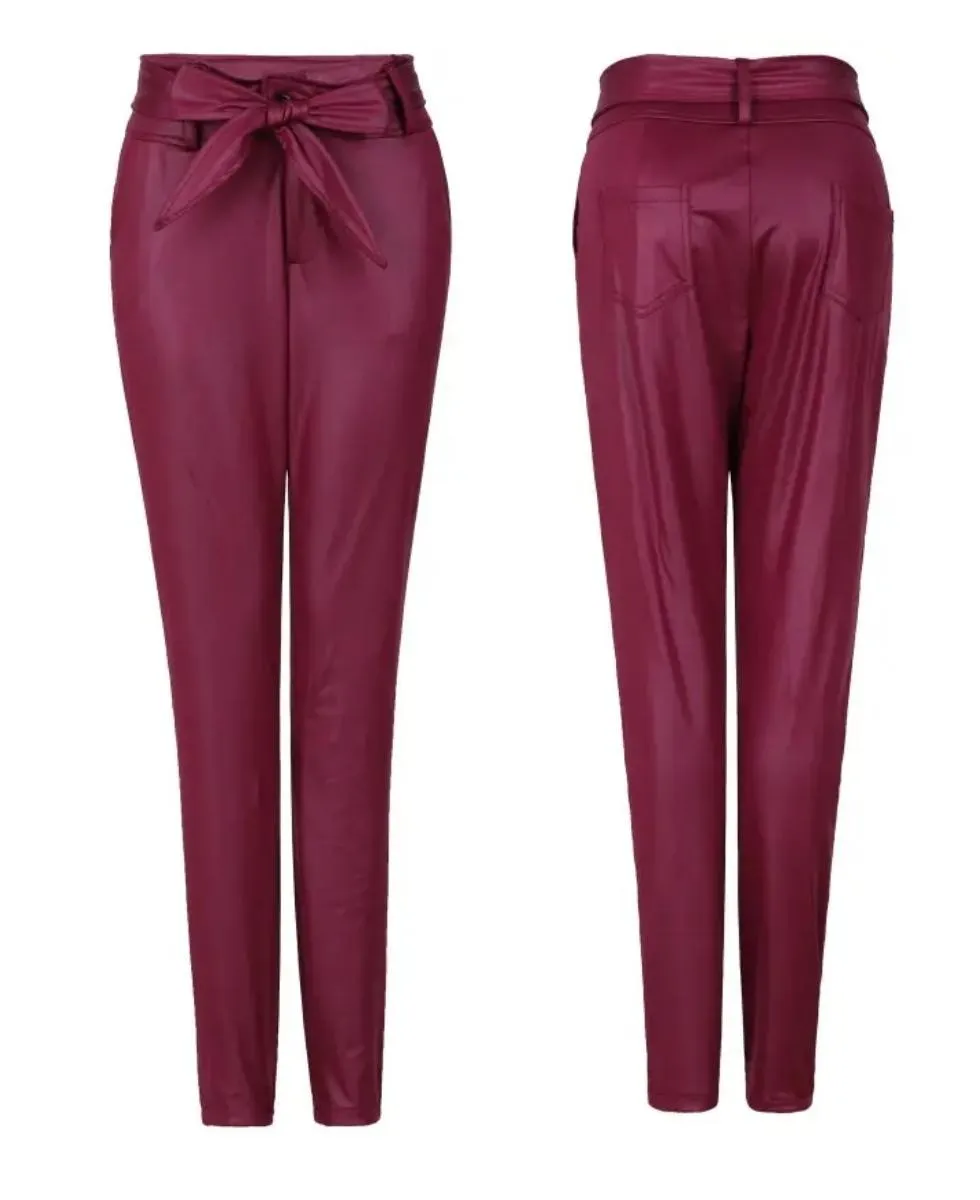 Luexco High Waist PU Leather Pant Belted Sash Sexy Skinny Pencil Trousers