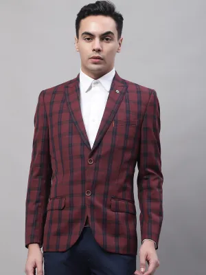 Maroon Checkered Full Sleeves Formal Blazer For Men