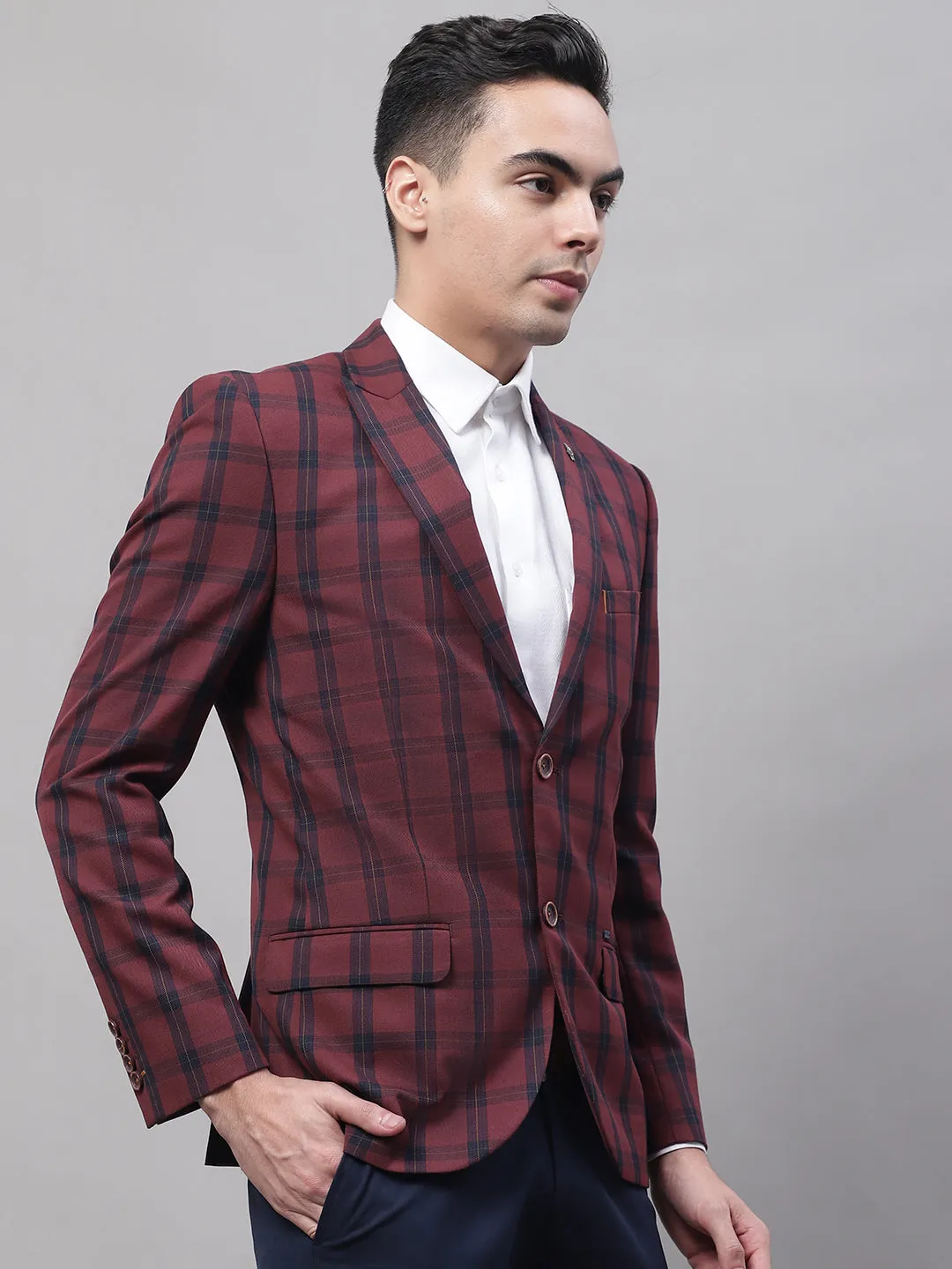 Maroon Checkered Full Sleeves Formal Blazer For Men