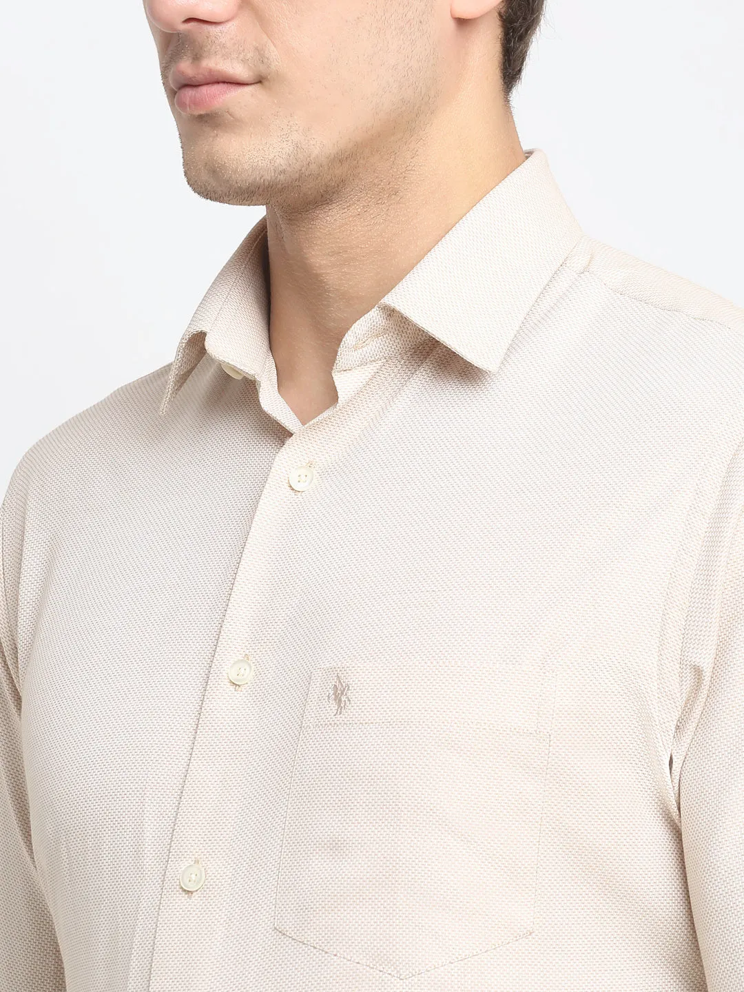 Men's Beige Formal Self Textured Full Sleeve Shirt