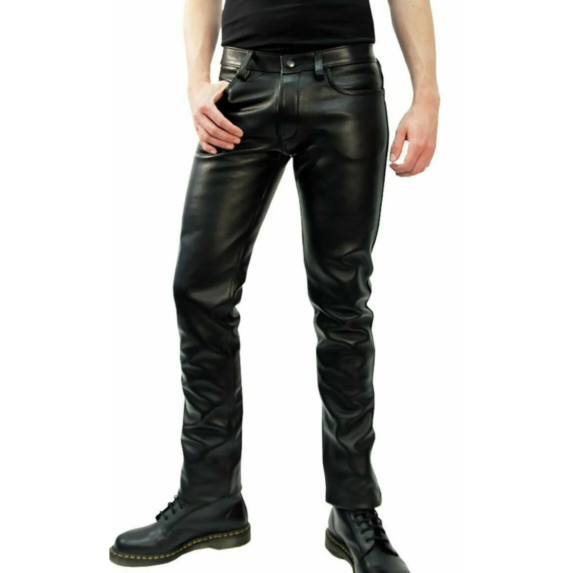 Mens Black Leather Jeans Pants