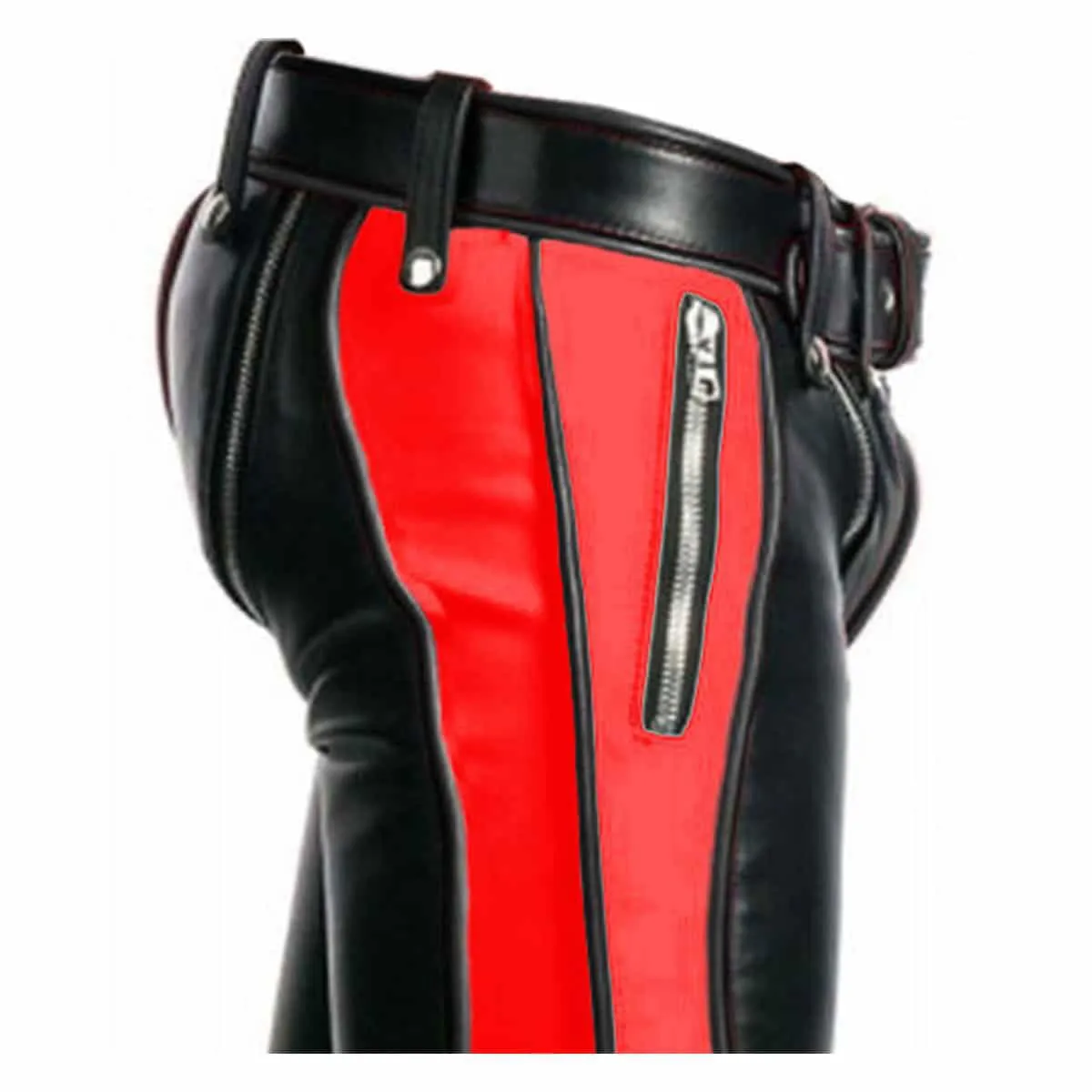 Mens Bondage Pants Black & Red Leather Heavy Duty Jeans Bluf (R2-Blk-Red)