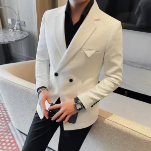 Men's Double-Breasted Tailored Blazer – Formal Business Jacket with Buckle for Banquets & Parties