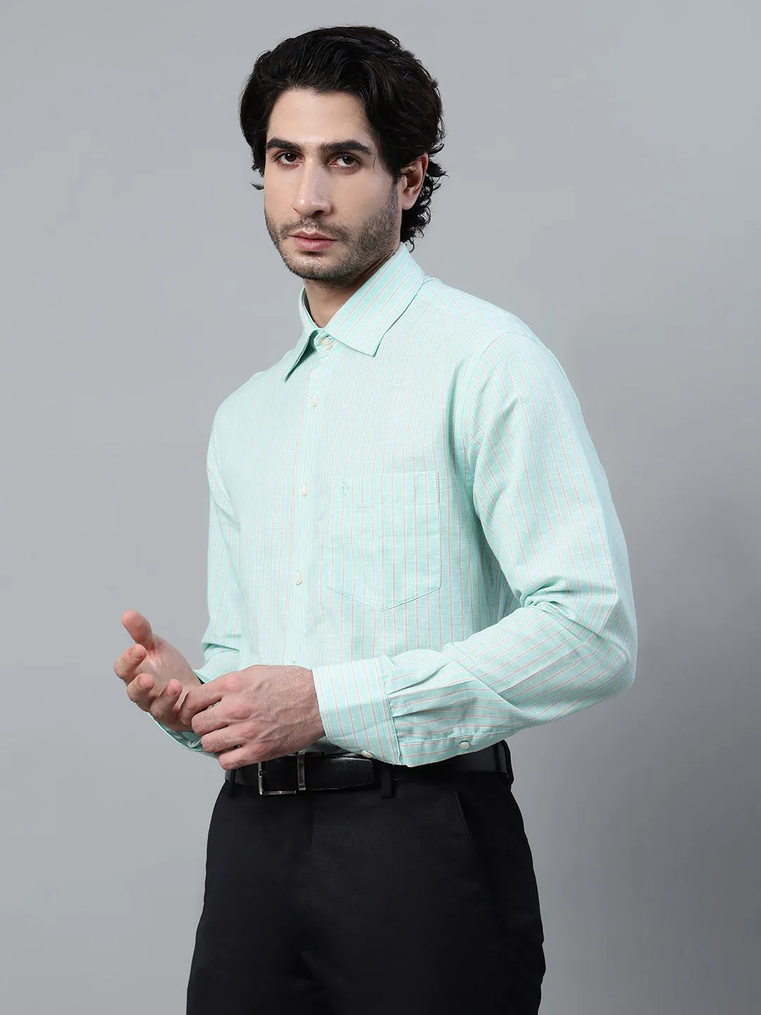 Men's Light Green Formal Narrow Stripe Full Sleeve Shirt