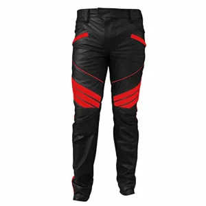 mens motorcycle bikers black with red stripes leather pants jeans trouser - j5-red