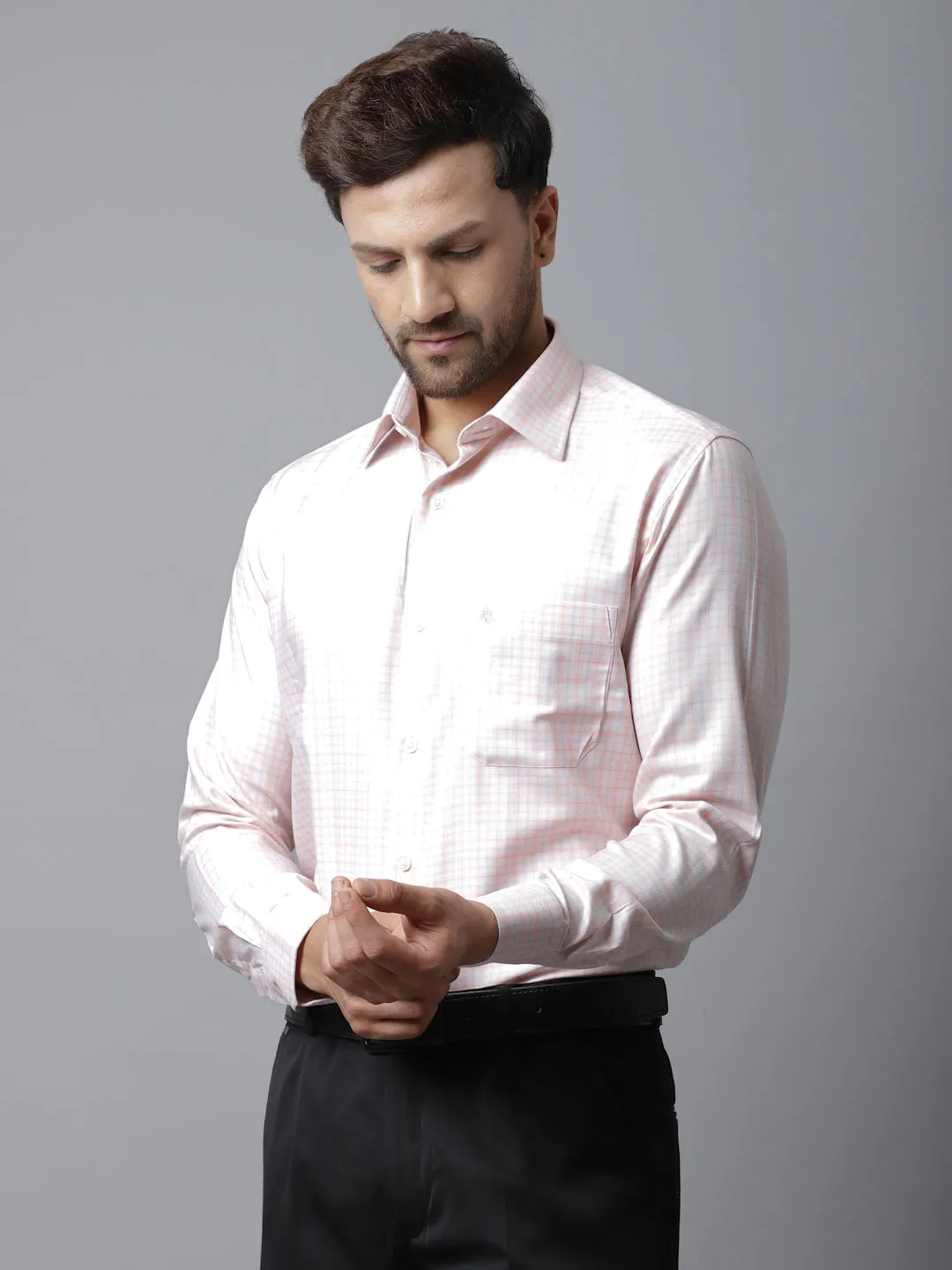 Men's Peach Formal Small Checks Full Sleeve Shirt