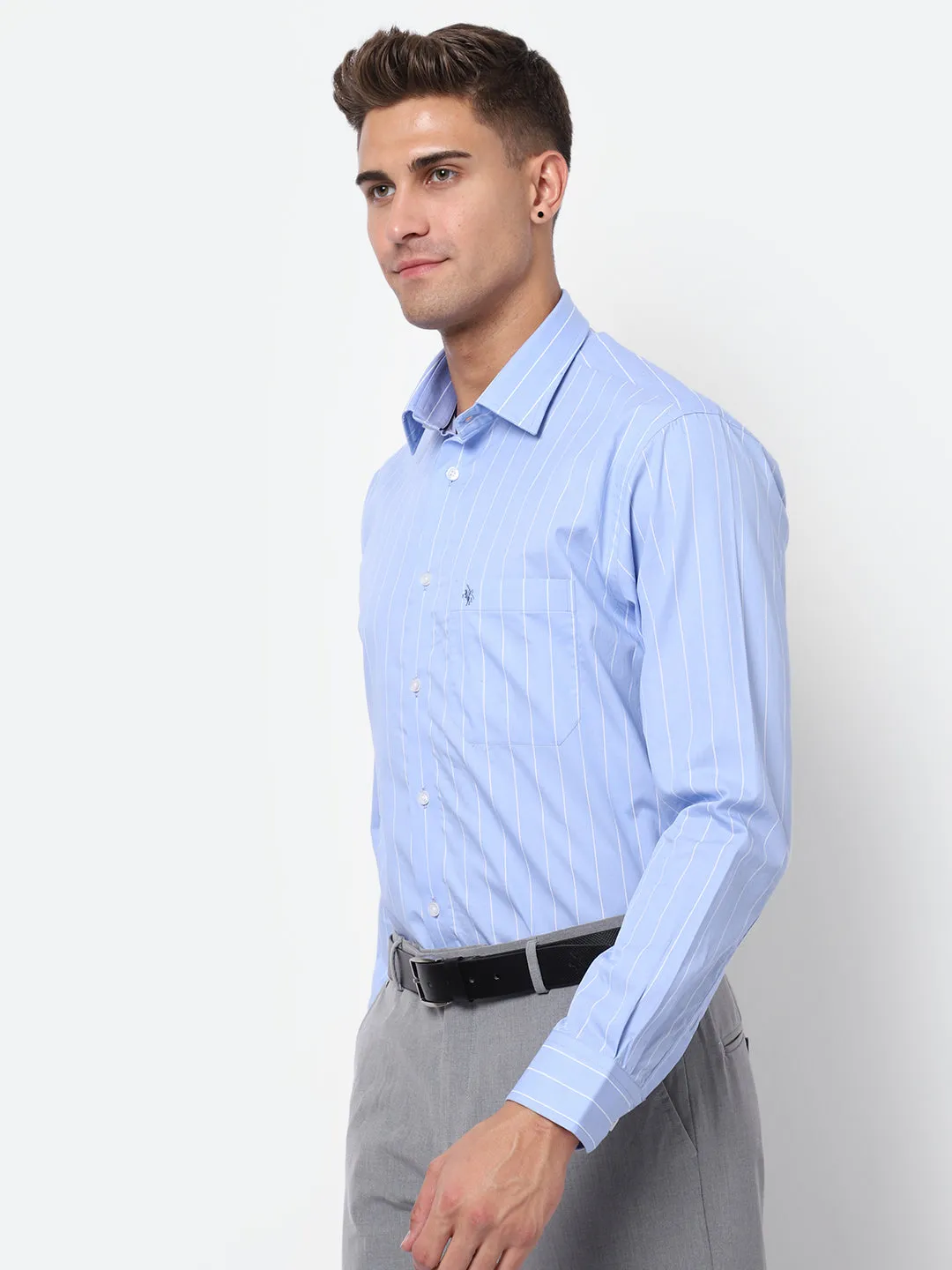 Men's Sky Blue Formal Thin Stripe Full Sleeve Shirt