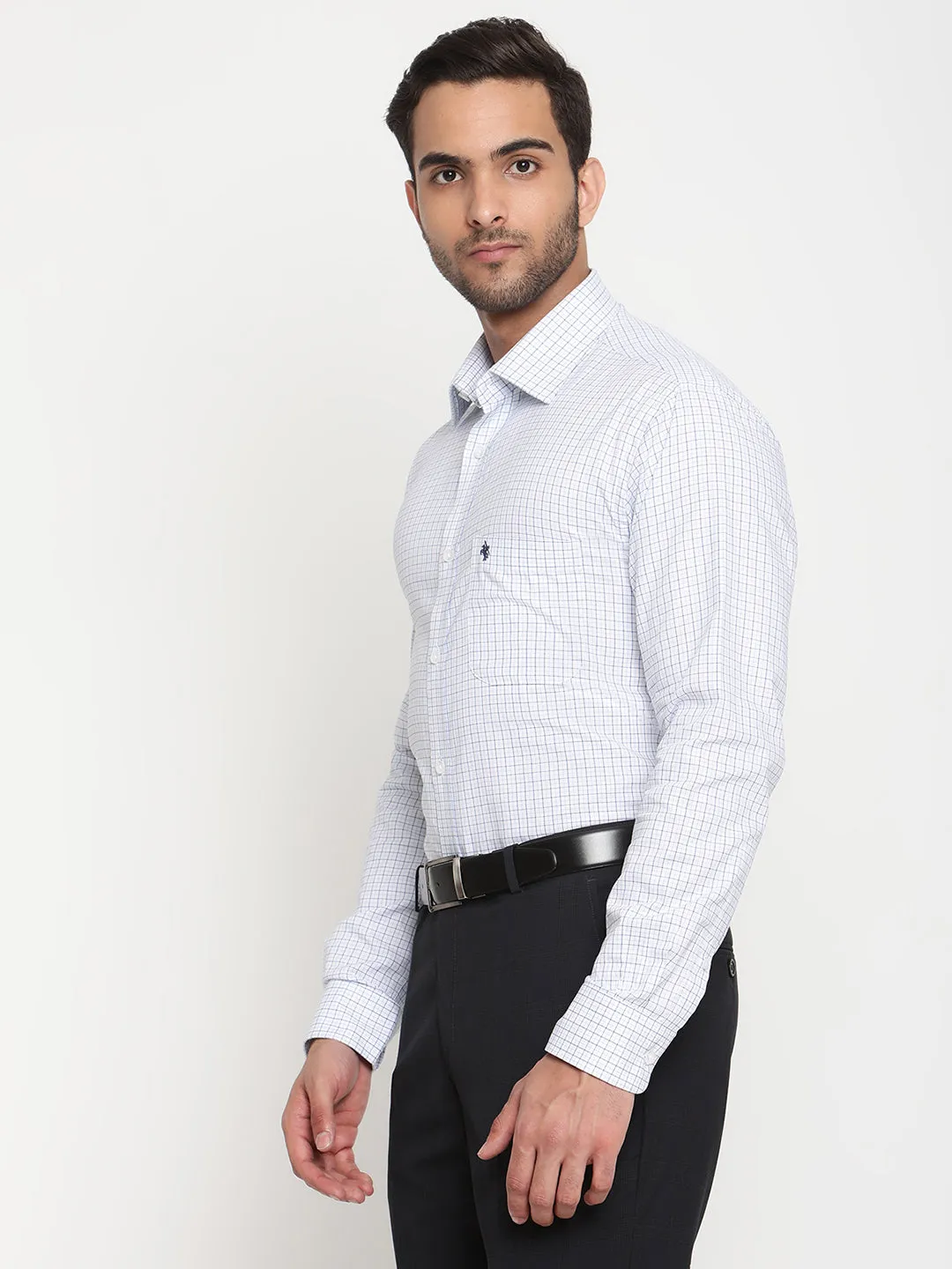 Men's White Formal Small Checks Full Sleeve Shirt