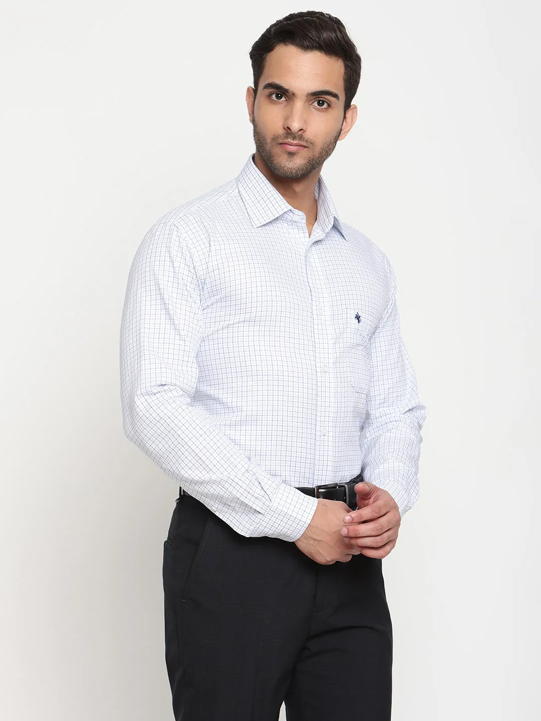 Men's White Formal Small Checks Full Sleeve Shirt