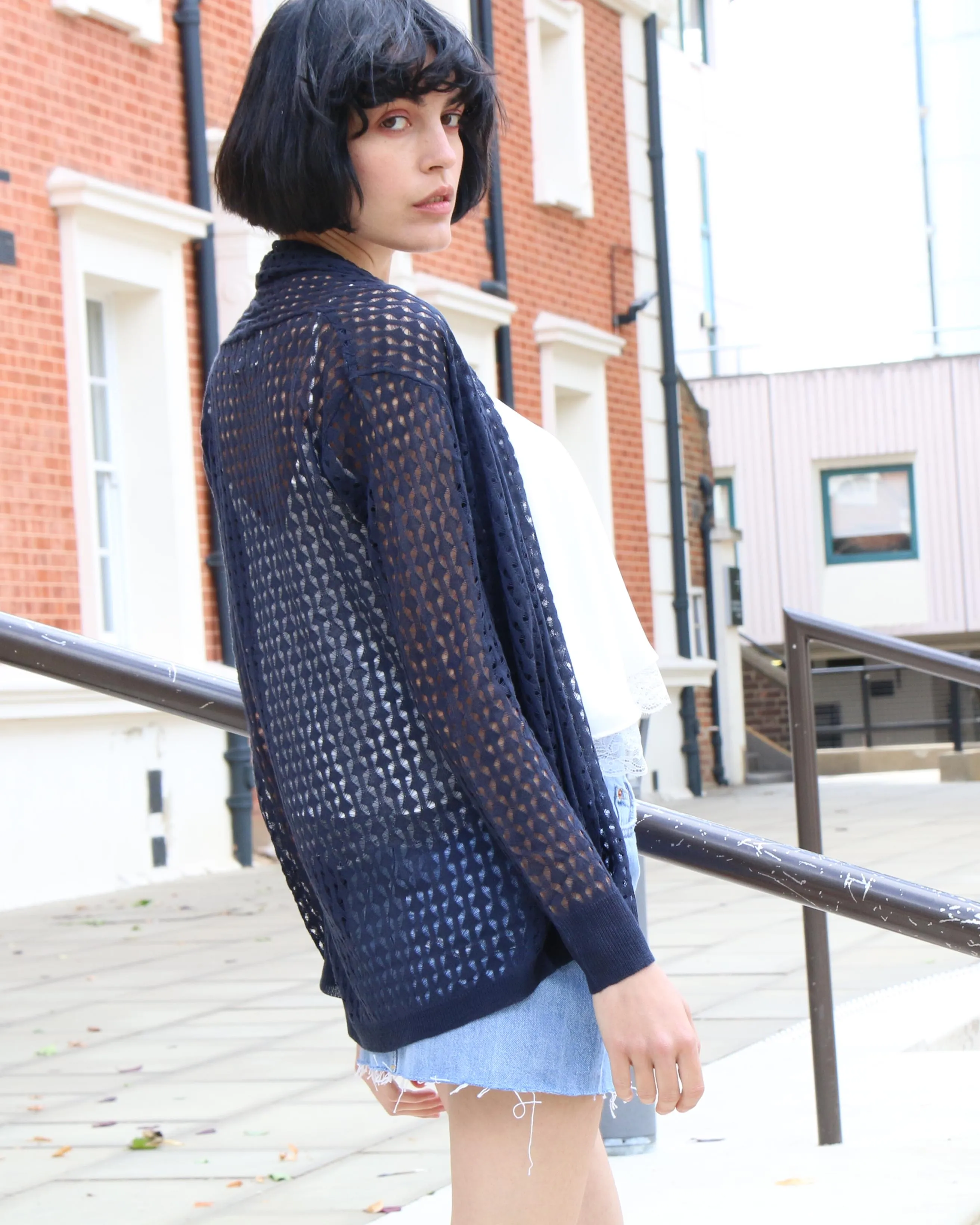 Mesh Lace Cardigan Beach Wear (Navy)